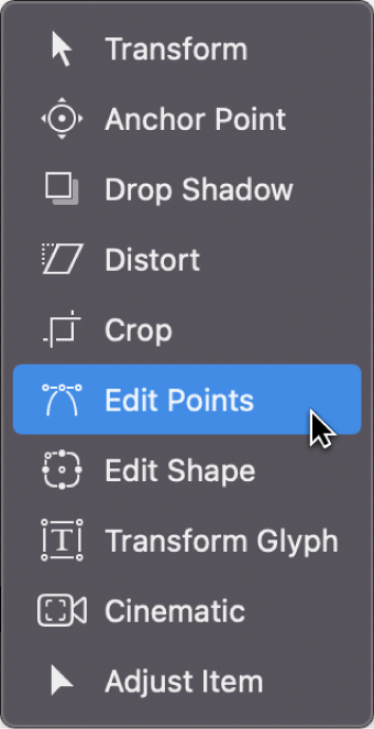 Selecting the Edit Points tool from the transform tools pop-up menu