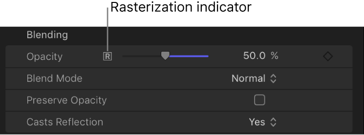 Indicador de rasterización en el inspector de propiedades