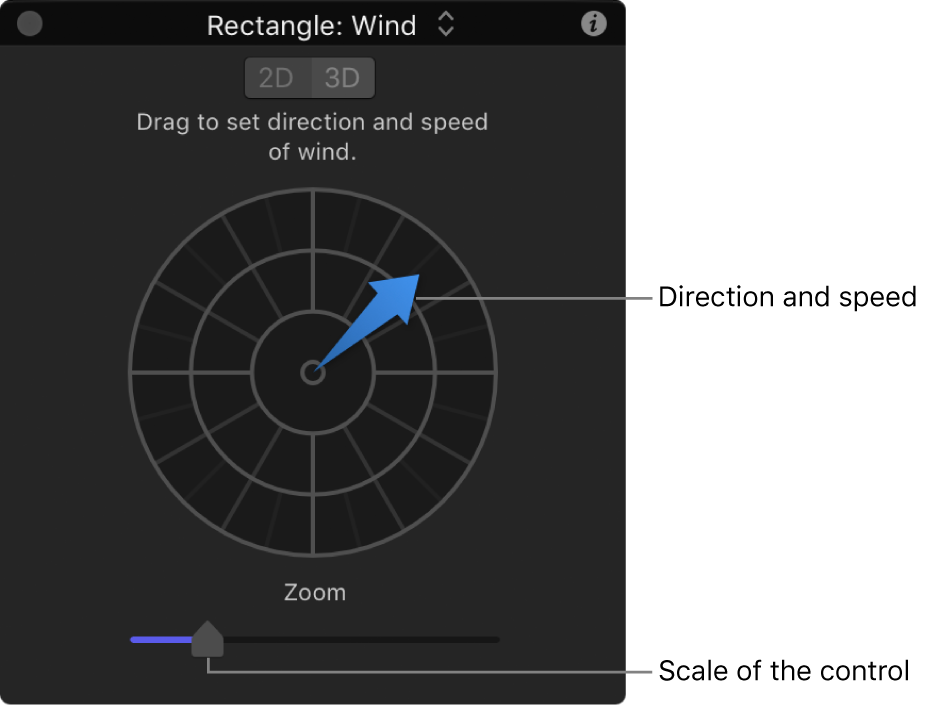 Pantalla semitransparente con controles especiales para el comportamiento Viento en modo 2D