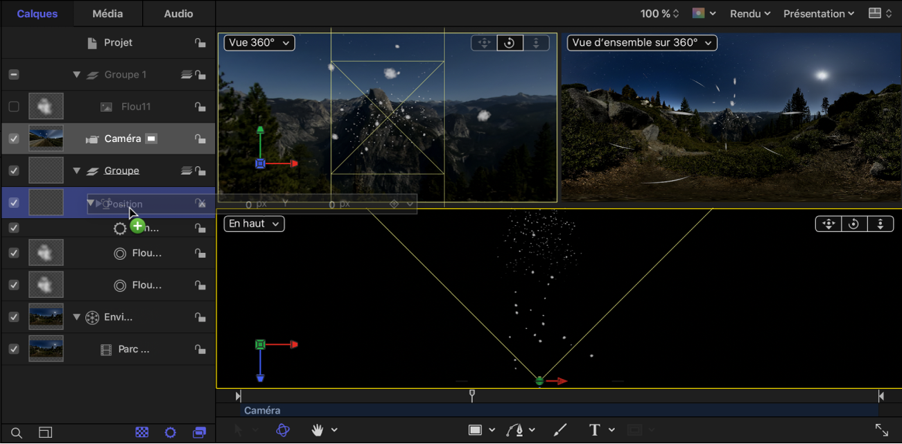 Glissement des paramètres Position de la caméra depuis l’inspecteur vers l’émetteur de particules dans la liste Calques