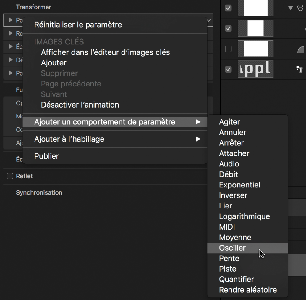 Sélection de l’option « Ajouter un comportement de paramètre » dans le menu contextuel