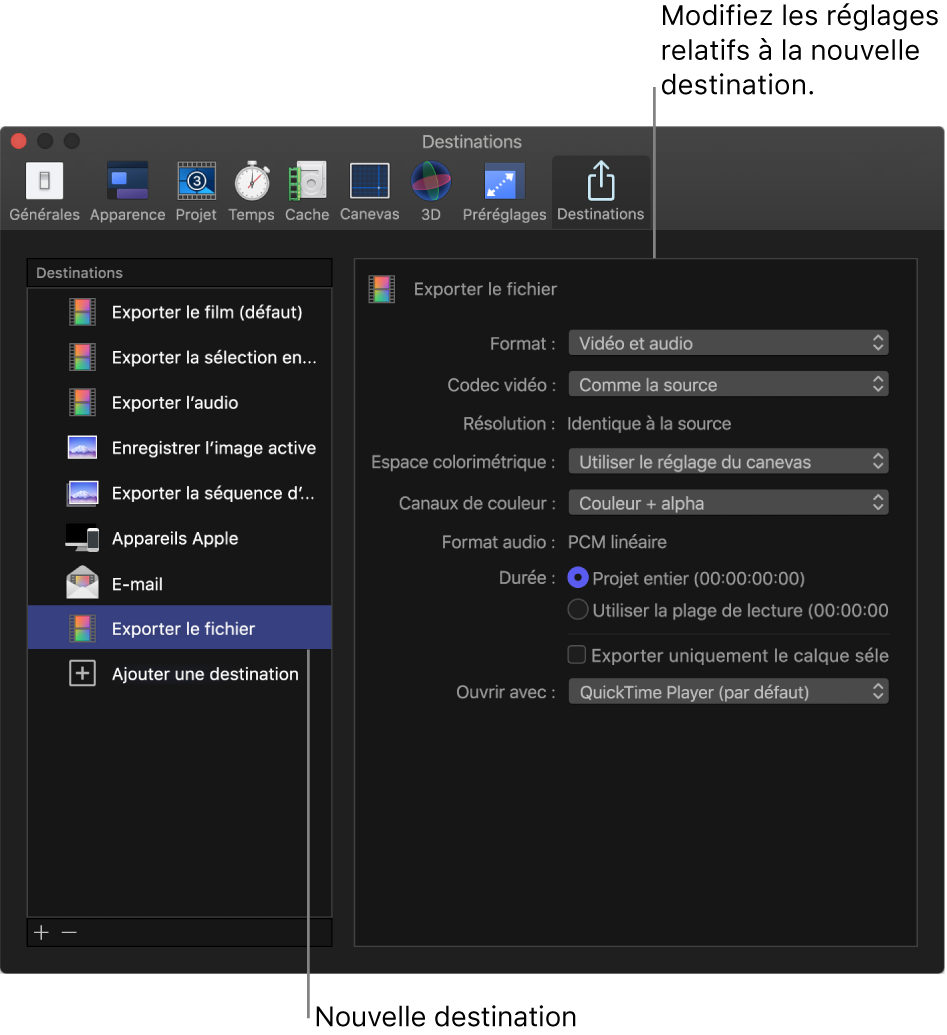 Fenêtre Réglages de Motion affichant la sous-fenêtre Destinations avec la destination « Exporter le fichier » sélectionnée dans la liste Destinations de gauche et les réglages correspondants affichés à droite
