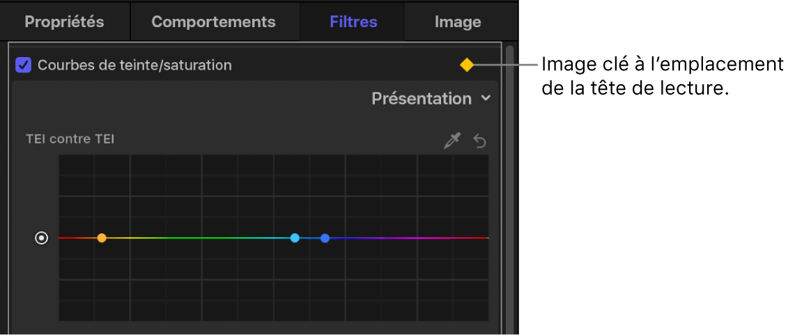 Inspecteur de filtres affichant une image clé dans le filtre Courbes de teinte/saturation