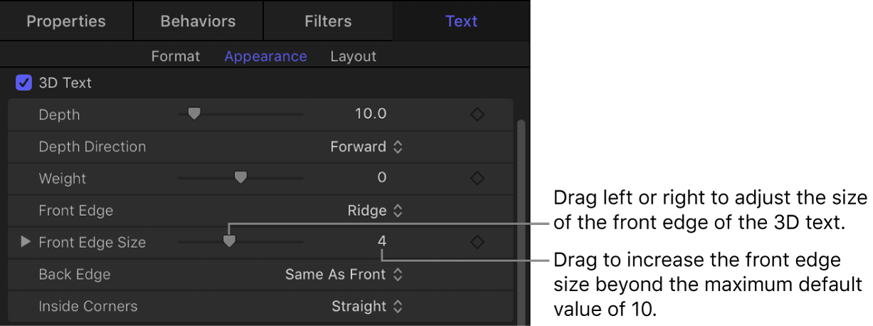 「テキスト」インスペクタの「アピアランス」パネルの「前面エッジ」パラメータ