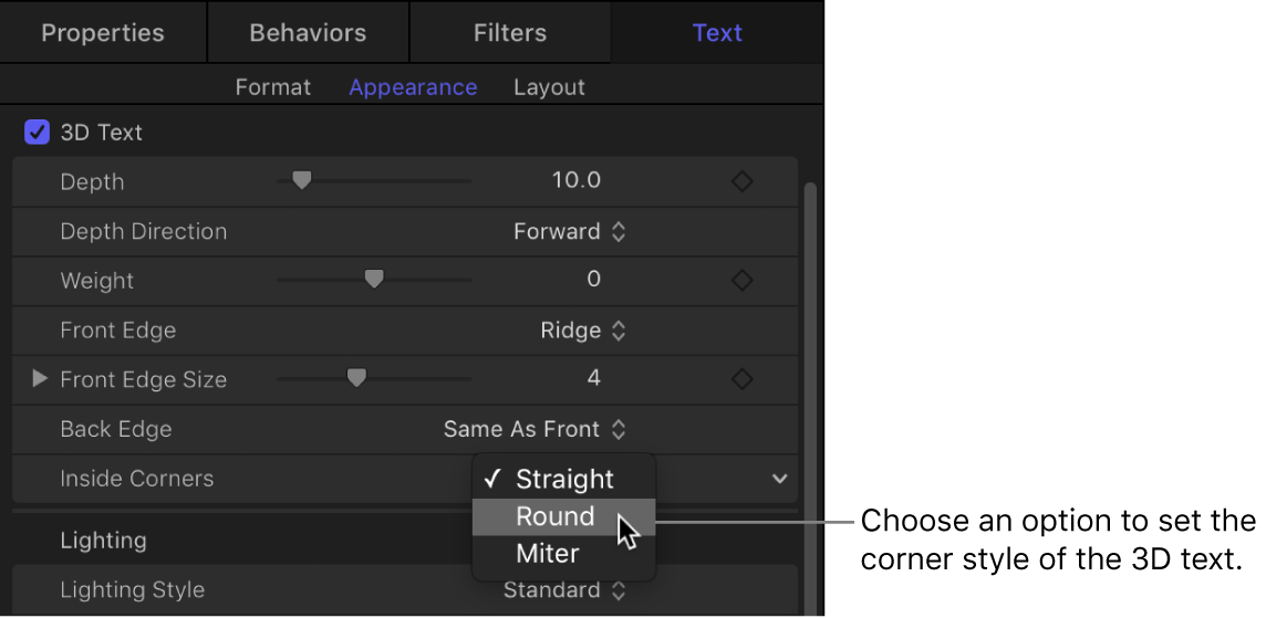 「テキスト」インスペクタの「アピアランス」パネル。「内側の角」ポップアップメニューのオプションが表示されています
