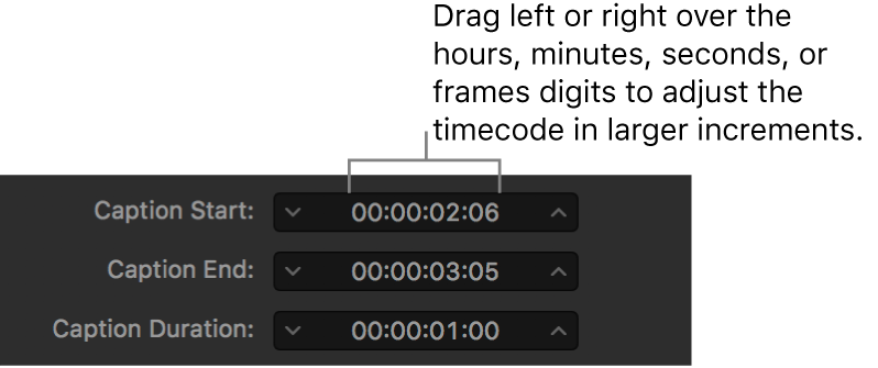 Timing-Felder eines Untertitels mit dem Timecode und den manipulierbaren Feldern für Stunden, Minuten, Sekunden und Videobilder