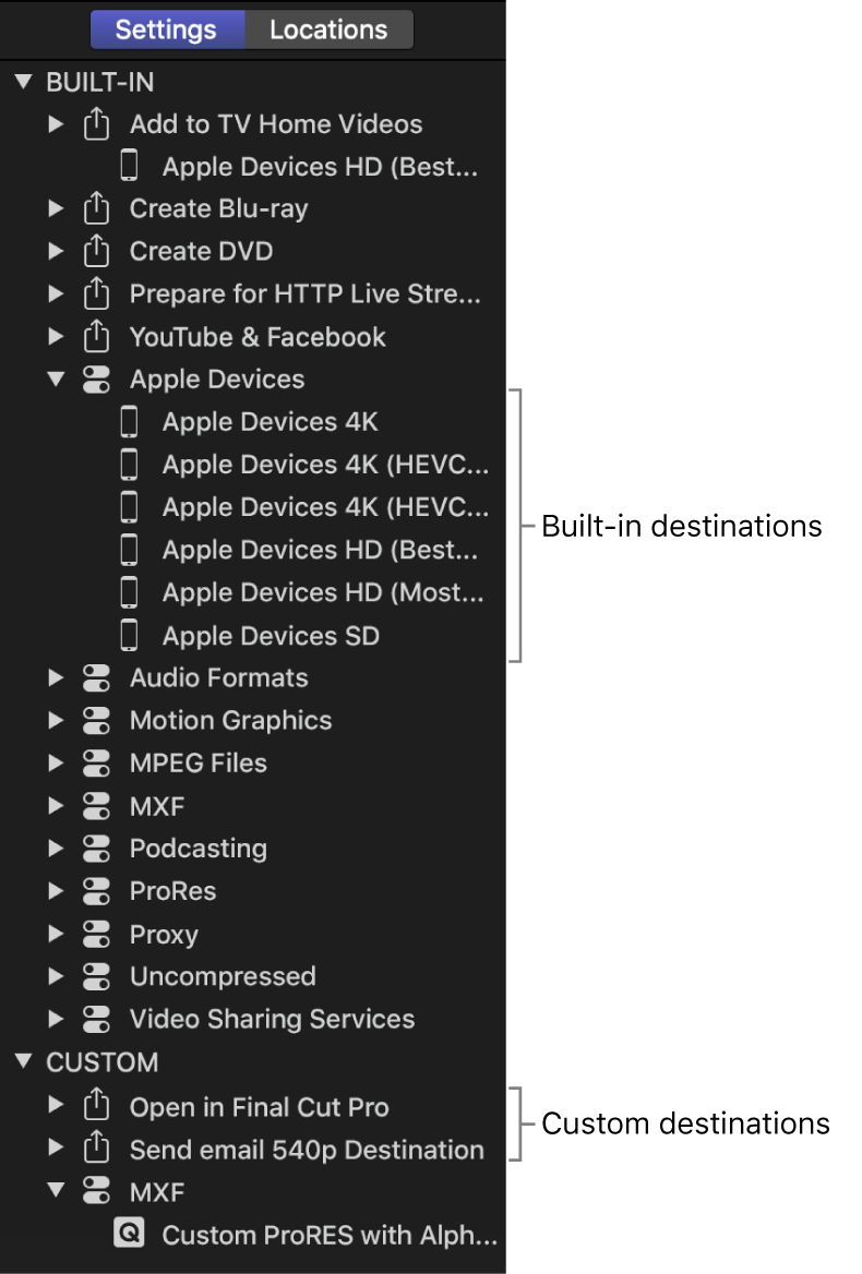 Panel Ajustes donde se muestran destinos integrados y personalizados.