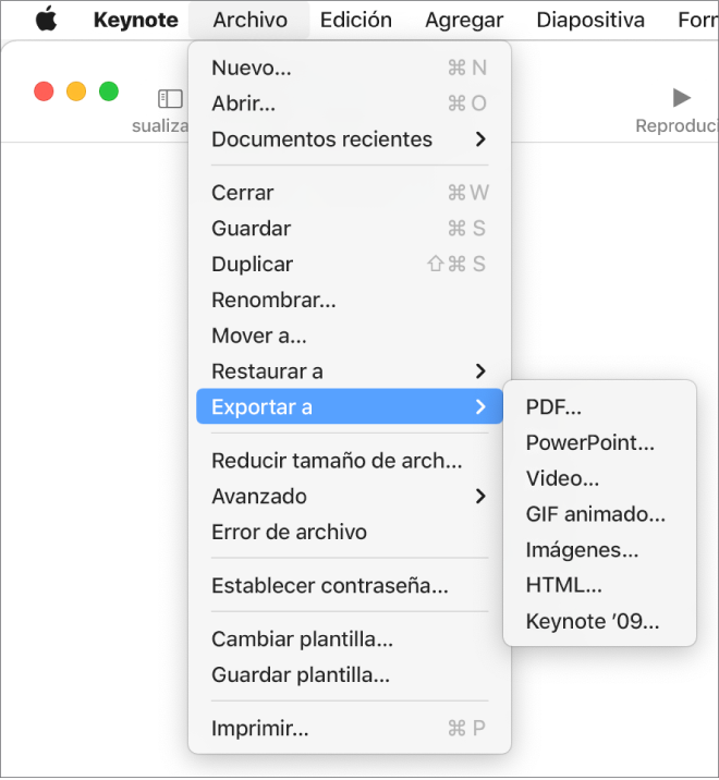 El menú Archivo abierto con la opción Exportar a seleccionada y el submenú donde se muestran las opciones de exportación a PDF, PowerPoint, Video, HTML, Imágenes y Keynote '09.