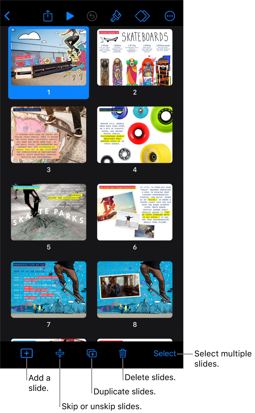 Light table view with buttons at the bottom of the screen for adding, skipping, duplicating, and deleting slides, and for selecting multiple slides.