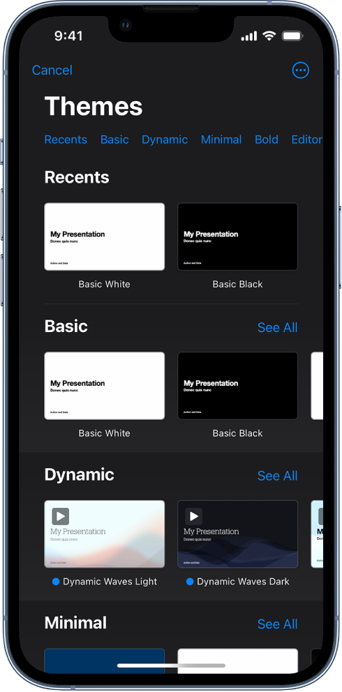  The theme chooser, showing a row of categories across the top that you can tap to filter the options. Below are thumbnails of predesigned themes arranged in rows by category.