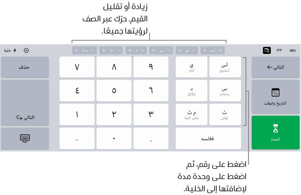 لوحة مفاتيح المدة مع أزرار في منتصف الجزء العلوي تعرض وحدات الوقت (أسابيع وأيام وساعات) التي يمكنك زيادتها لتغيير القيمة في الخلية. توجد مفاتيح على اليمين للأسابيع والأيام والساعات والدقائق والثواني والمللي ثانية. وتوجد مفاتيح الأرقام في منتصف لوحة المفاتيح.