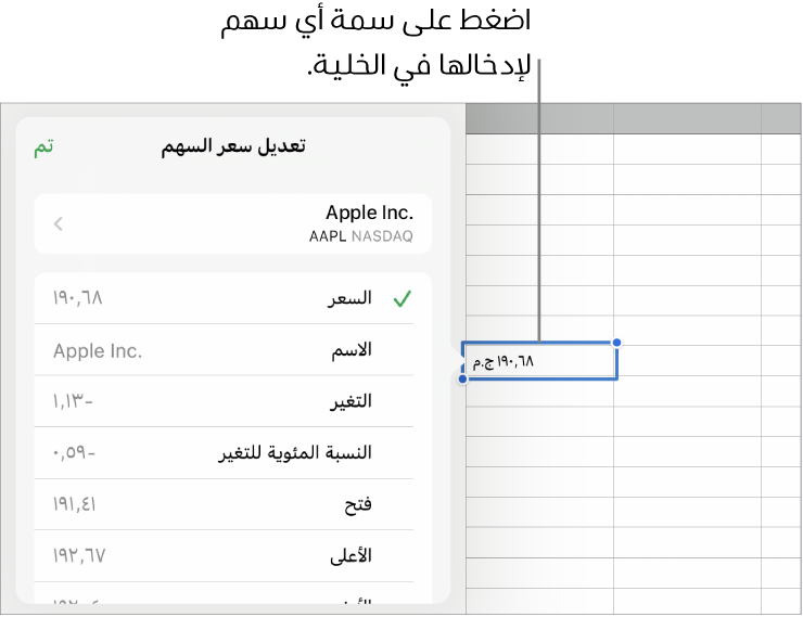 الإطار المنبثق لسعر السهم، ويظهر اسم السهم في الأعلى، ومدرج أسفله سمات السهم القابلة للتحديد، بما في ذلك السعر والاسم والتغير والنسبة المئوية للتغير والفتح ومرتفع.