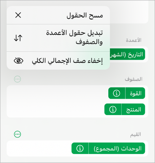 قائمة المزيد من خيارات الحقل تعرض عناصر التحكم لإخفاء الإجماليات الكلية وتبديل حقول الأعمدة والصفوف ومسح الحقول.