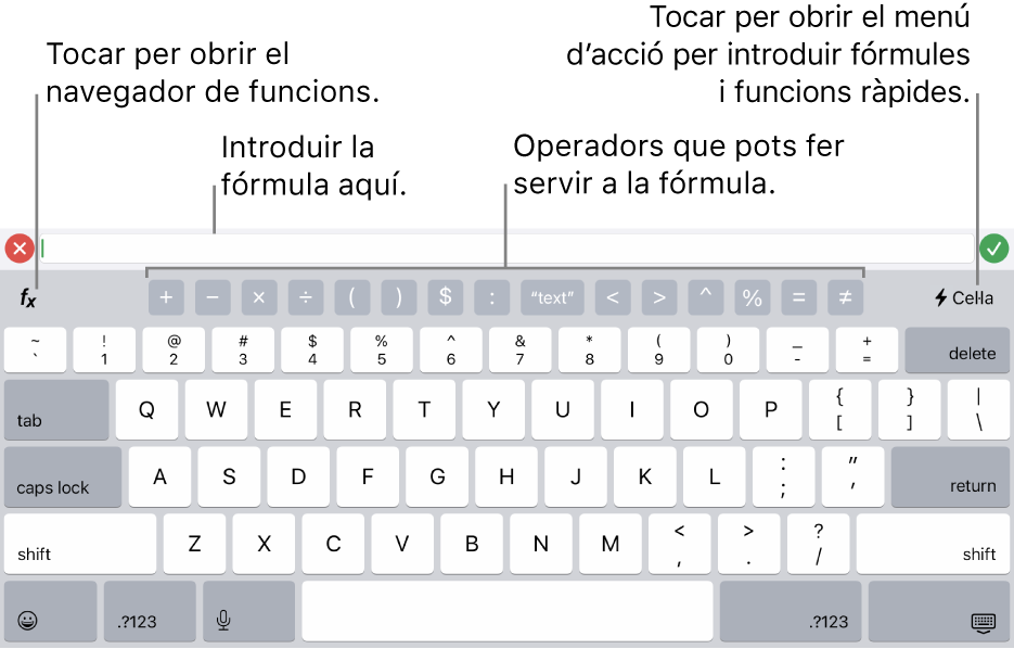 Teclat de fórmules, amb l’editor de fórmules a la part superior i els operadors que s’utilitzen en les fórmules a sota. El botó Funcions per obrir l’explorador de funcions està situat a l’esquerra dels operadors i el botó “Menú d’accions” està situat a la dreta.