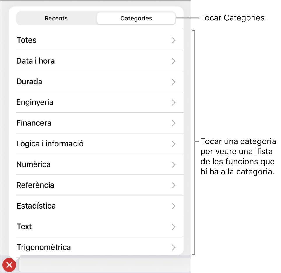 L’explorador de funcions amb el botó Categories seleccionat i la llista de categories a sota.