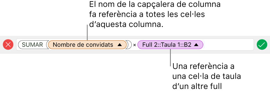 L’editor de fórmules, que mostra una fórmula que fa referència a una columna d’una taula i a una cel·la d’una altra taula.