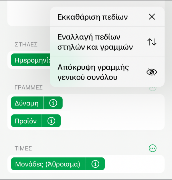 Το μενού «Περισσότερες επιλογές πεδίων» όπου εμφανίζονται τα στοιχεία ελέγχου για απόκρυψη των γενικών συνόλων, το πεδίο «Εναλλαγή πεδίων στηλών και γραμμών» και το πεδίο «Εκκαθάριση».
