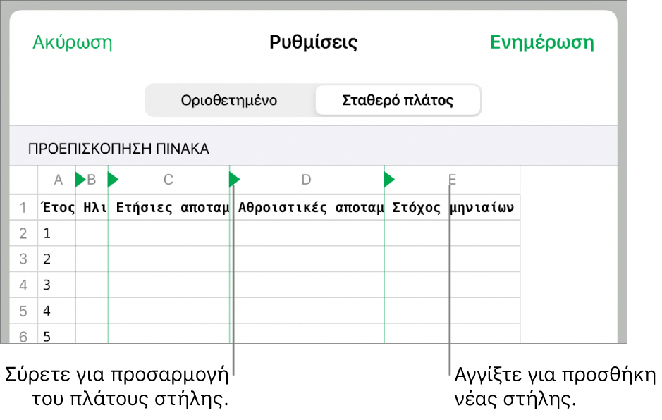 Οι ρυθμίσεις εισαγωγής για ένα αρχείο κειμένου σταθερού πλάτους.