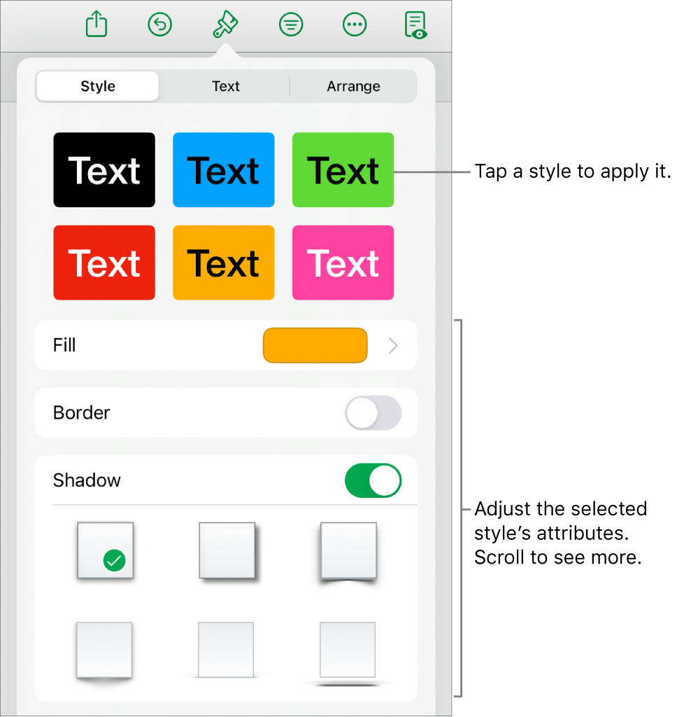 The Style tab of the Format menu, with object styles at the top and controls below them to change the fill, border and shadow.