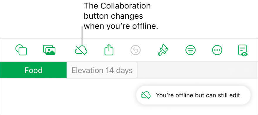 The buttons at the top of the screen, with the Collaboration button changed to a cloud with a diagonal line through it. An alert on the screen says “You’re offline but can still edit”.