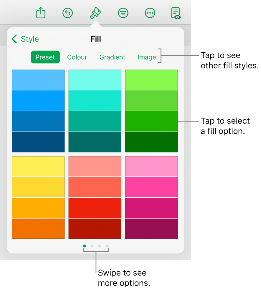 Fill options in the Style tab of the Format button.