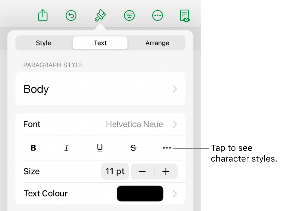 The Format controls with paragraph styles at the top, then Font controls. Below Font are the Bold, Italic, Underline, Strikethrough and More Text Options buttons.