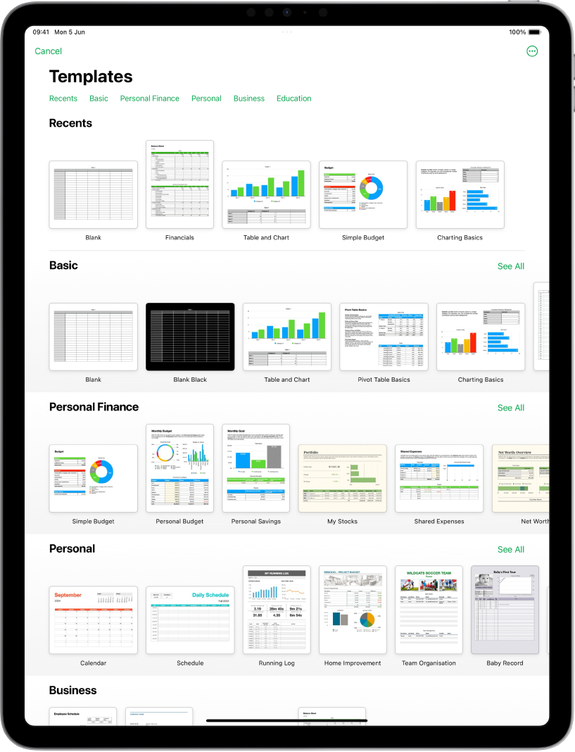 The template chooser, showing a row of categories across the top that you can tap to filter the options. Below are thumbnails of predesigned templates arranged in rows by category, starting with Recents at the top and followed by Basic and Personal Finance. A See All button appears above and to the right of each category row. The Language and Region button is in the top-right corner.