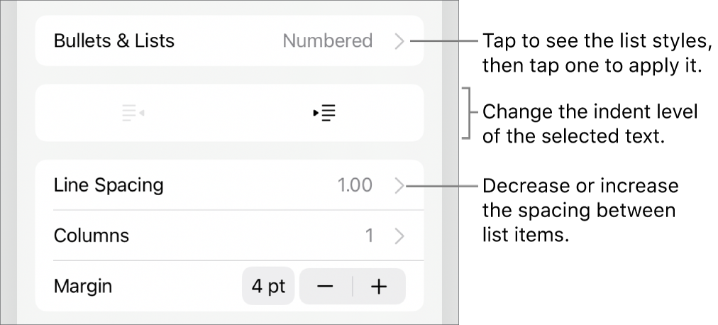 The Bullets & Lists section of the Format controls with callouts to Bullets & Lists, outdent and indent buttons, and line spacing controls.