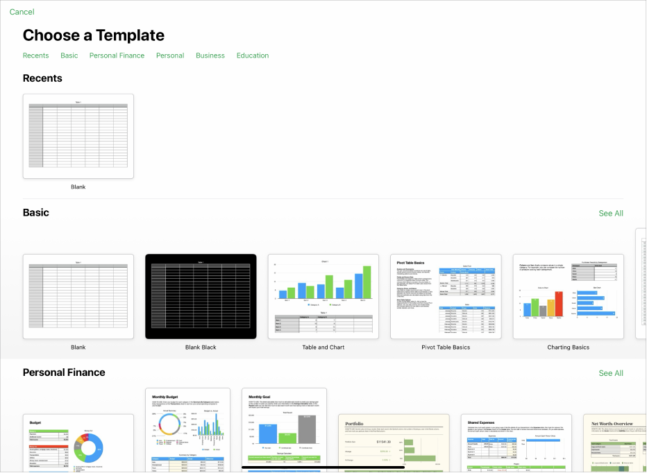 The template chooser, showing a row of categories across the top that you can tap to filter the options. Below are thumbnails of predesigned templates arranged in rows by category, starting with Recents at the top and followed by Basic and Personal Finance. A See All button appears above and to the right of each category row. The Language and Region button is in the top-right corner.