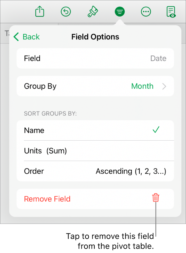 The Field Options menu, showing the controls for grouping and sorting data, as well as the option to remove a field.