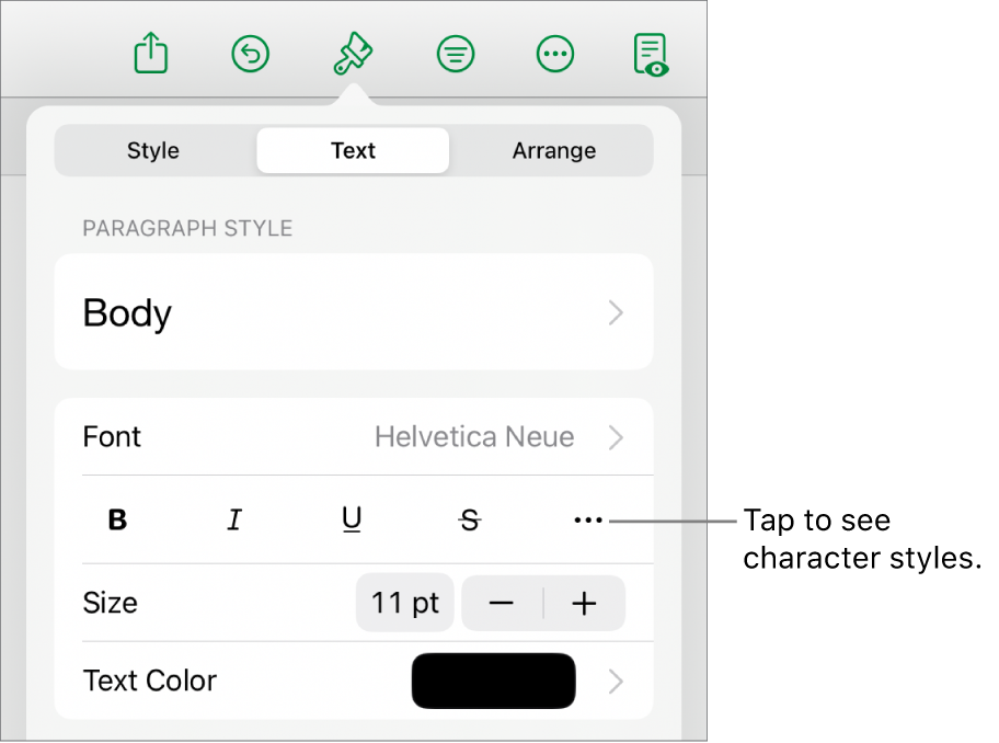 The Format controls with paragraph styles at the top, then Font controls. Below Font are the Bold, Italic, Underline, Strikethrough, and More Text Options buttons.