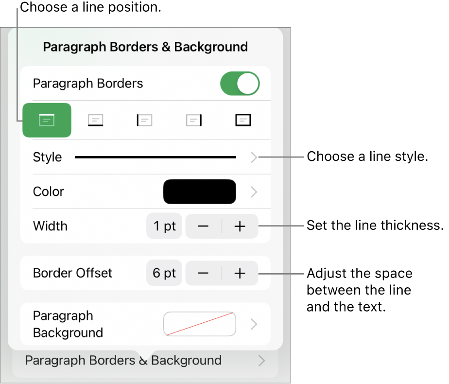 Controls to change the line style, thickness, position, and color.