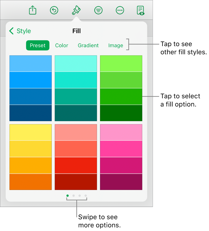 Fill options in the Style tab of the Format button.