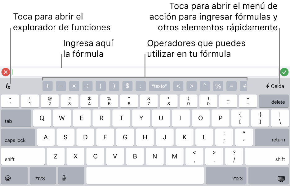 El teclado de fórmulas, con el editor de fórmulas en la parte superior y los operadores que se utilizan en las fórmulas debajo. El botón Funciones para abrir el explorador de funciones se encuentra a la izquierda de los operadores, y el botón de menú Acción se encuentra a la derecha.