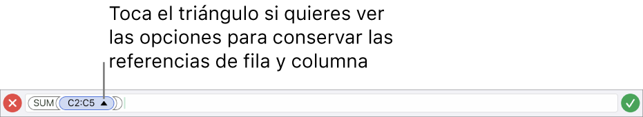 Editor de fórmulas indicando cómo conservar las referencias a filas y columnas cuando se copia o mueve la celda.