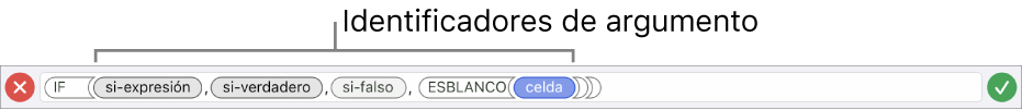 El editor de fórmulas con una función e identificadores de argumentos.