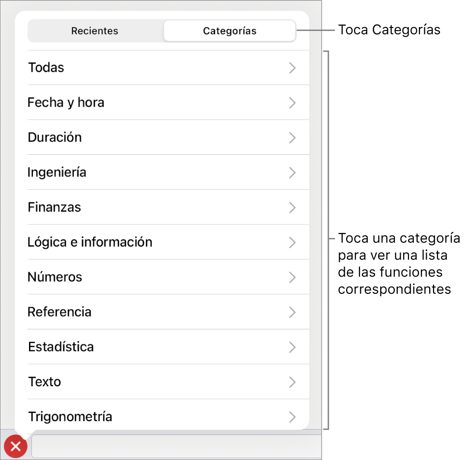 El explorador de funciones con el botón Categorías seleccionado y la lista de categorías debajo.