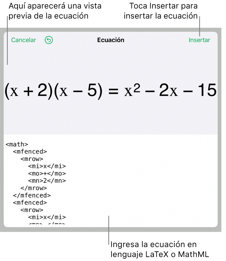 El cuadro de diálogo Ecuación con una ecuación escrita con comandos de MathML y una previsualización de la fórmula encima.