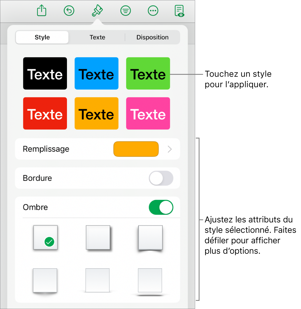 L’onglet Style du menu Format avec des styles d’objet en haut et, en dessous, des commandes de modification de remplissage, de bordure et d’ombre.