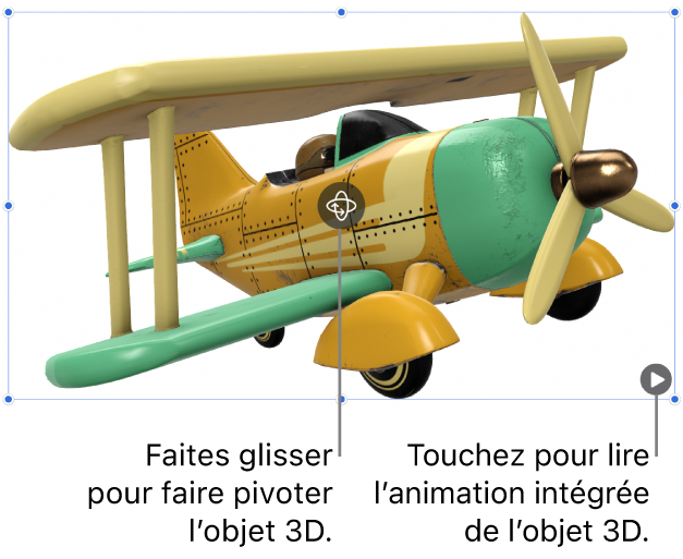 Un objet 3D avec le bouton « Faire pivoter » au centre de l’objet, et le bouton Lecture dans le coin inférieur droit.