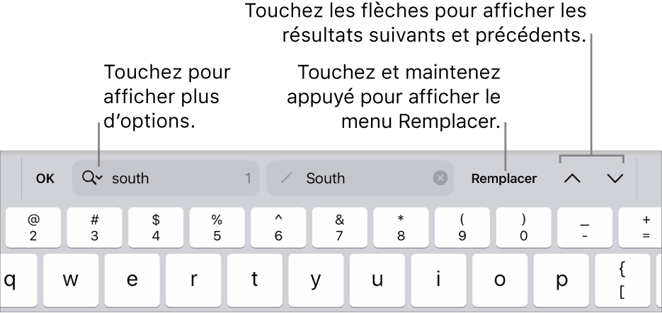 Les commandes de Rechercher et remplacer au-dessus du clavier avec des légendes pour les boutons Options de recherche, Remplacer, Monter et Descendre.