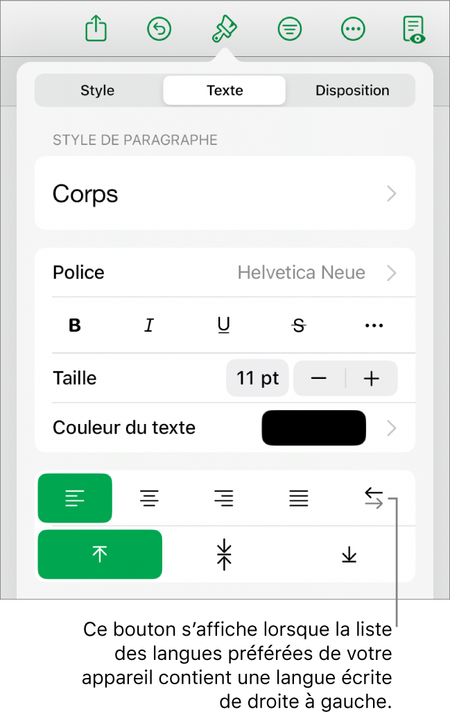 La section Style du menu Format avec une légende pour le bouton « Droite à gauche ».