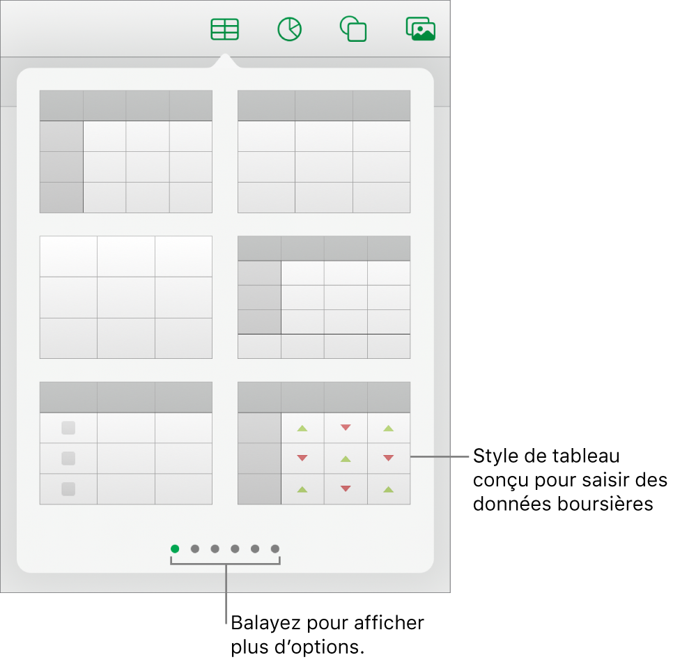 Le bouton Tableau sélectionné, avec les styles de tableau affichés en dessous.