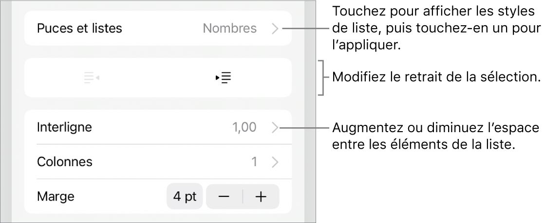 La section « Puces et listes » des commandes Format avec des légendes pour « Puces et listes », les boutons d’indentation et de suppression d’indentation et les commandes d’espacement entre les lignes.