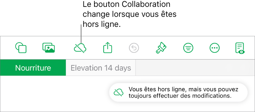 Les boutons en haut de l’écran, avec le bouton Collaboration remplacé par un nuage barré d’une ligne diagonale. Une alerte à l’écran indique « Vous êtes hors ligne, mais vous pouvez toujours effectuer des modifications ».