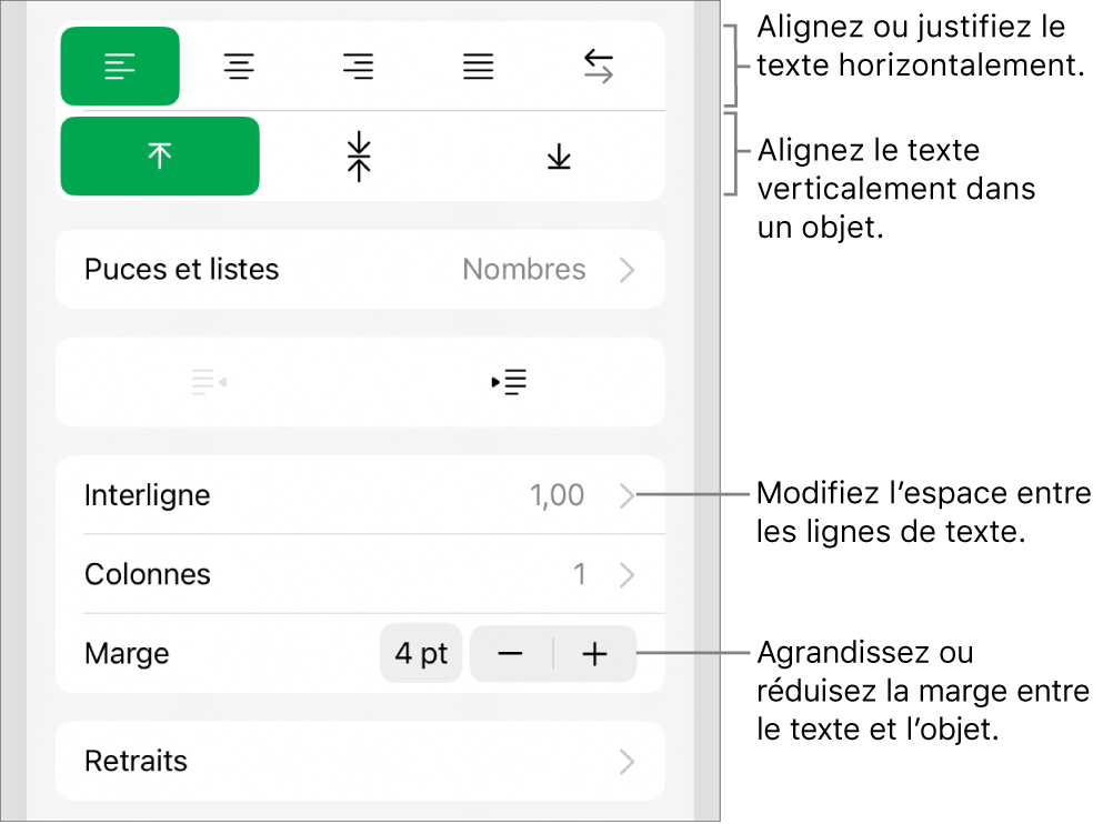 Section Disposition de l’inspecteur Format avec les légendes des boutons d’alignement et d’espacement de texte.