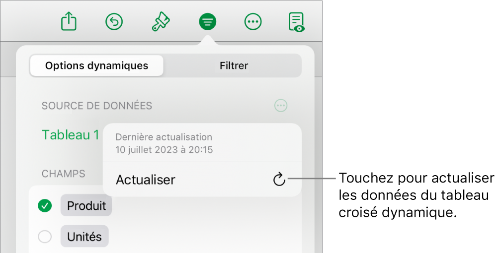 Menu Options dynamiques affichant l’option d’actualisation du tableau croisé dynamique.