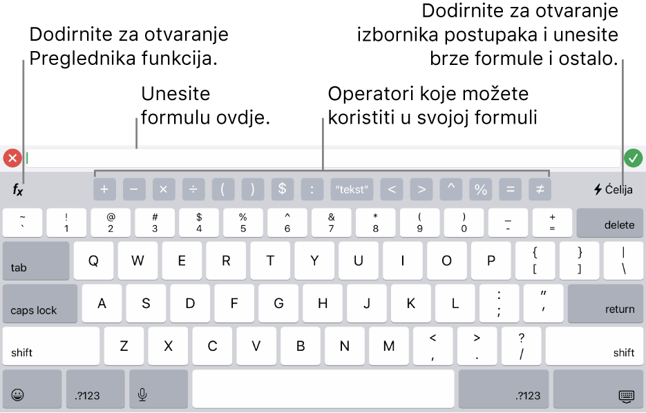 Tipkovnica za formule s urednikom formula na vrhu i operatorima koji se upotrebljavaju u formulama ispod njega. Tipka Funkcije za otvaranje Preglednika funkcija nalazi se lijevo od operatora, a tipka izbornika Postupak nalazi se s desne strane.