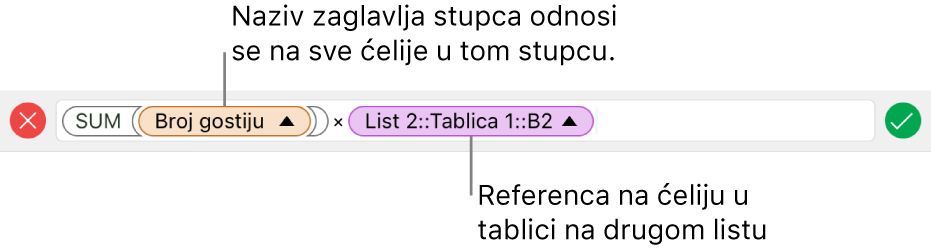 Urednik formula s prikazom formule koja se odnosi na stupac u jednoj tablici i ćeliju u drugoj tablici.