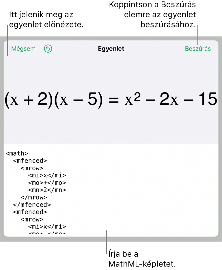 Az Egyenlet párbeszédpanel, amelyen egy, a MathML-parancsok használatával írt egyenlet, felül pedig az egyenlet előnézete látható.